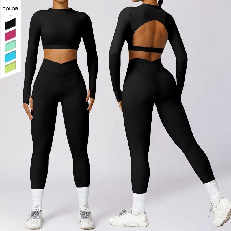 Set Pakaian Yoga Lengan Panjang Wanita Baju Kebugaran Lari dan Nyaman Bernapas Set Olahraga Ketat Pu