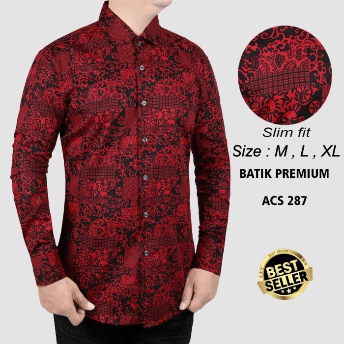 KEMEJA BATIK PRIA SLIM FIT / BAJU BATIK PRIA SLIM FIT MERAH AC287