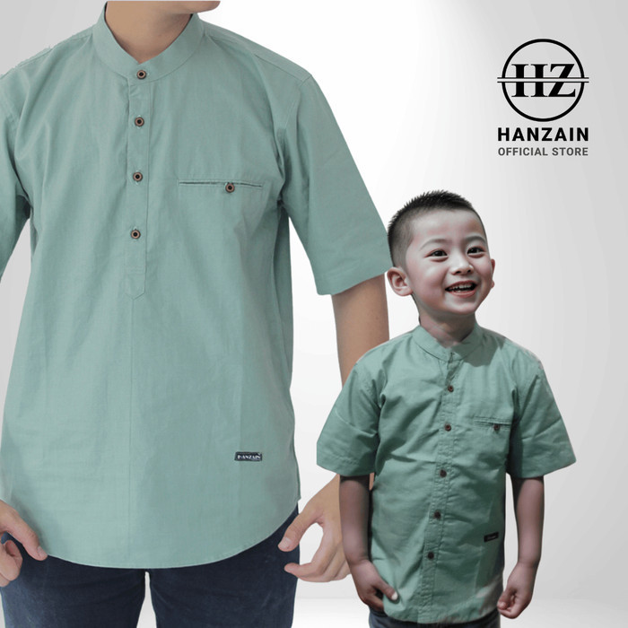 promosi BAJU KEMEJA KOKO KEMKO LENGAN PENDEK PRIA - HIJAU MINT - HANZAIN - L, Kancing Stengah