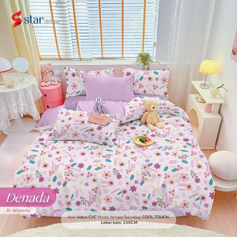 Bedcover + sprei anti geser katun star motif DENADA mix polos || 2 variasi warna || ungu dan putih