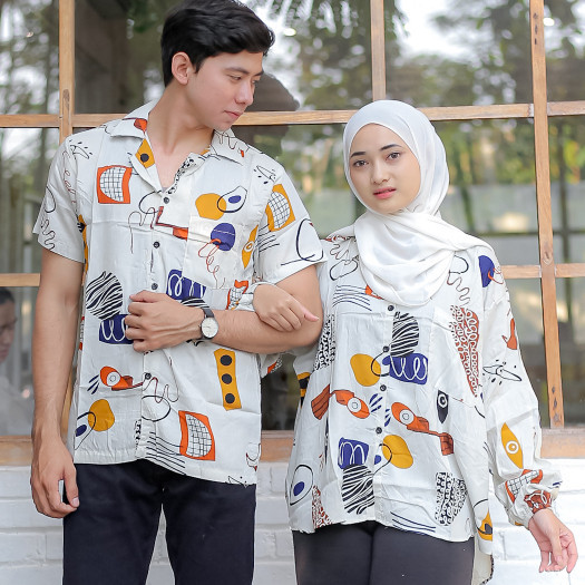 kemeja couple pasangan kekinian remaja ootd rayon motif abstrak pantai korean style all bg