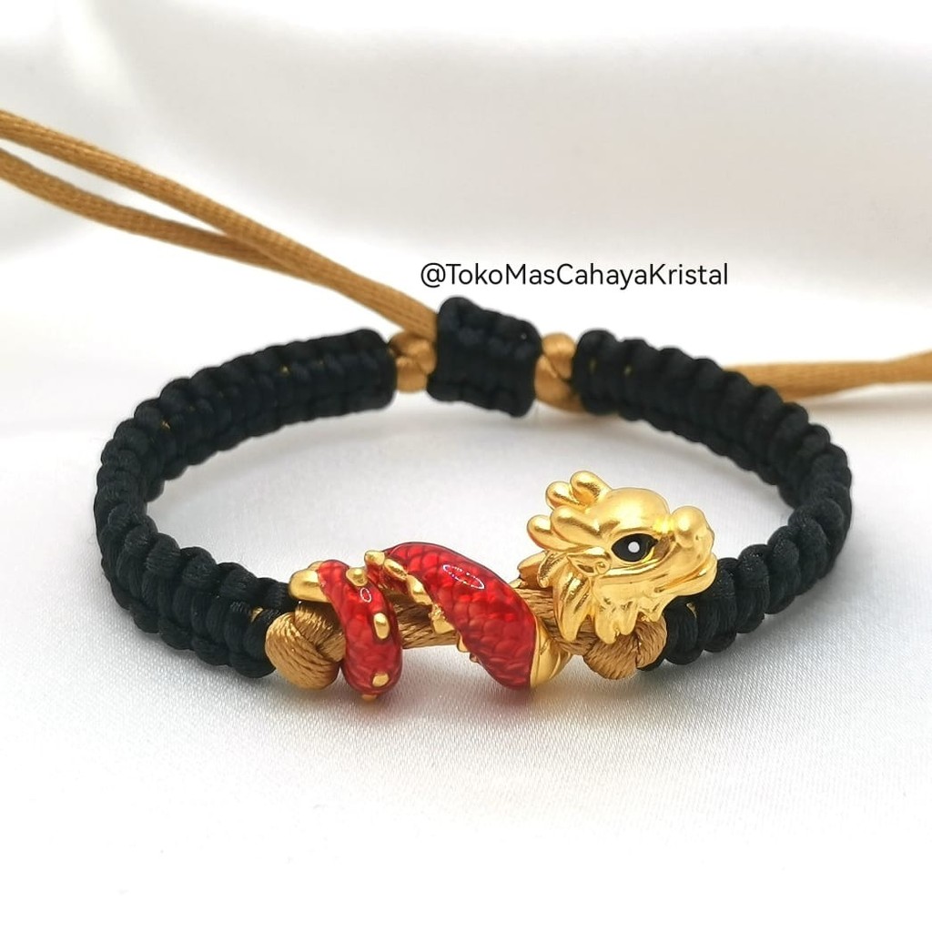 Gelang Tali Emas Charm Naga Lilit Merah (Kokoh)/Dragon Full Badan 24K HK Hongkong 999%-Gold Bracelet