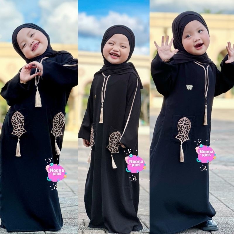 FHJ75 Noona Kids 1-14 Tahun Dress Anak Perempuan Gamis Anak Abaya Anak Busana Muslim Anak Bordir Kom