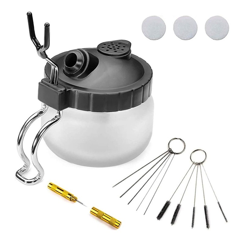 

AT69 -Airbrush Cleaning Pot Glass Air Brush Holder Clean Paint Jar Bottle Spray Wash Tools Needle Nozzle Brush Set