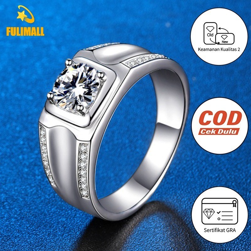 FULIMALL Cincin Berlian Platinum Pria Proposal Pasangan 1 Karat Moissanite Stok