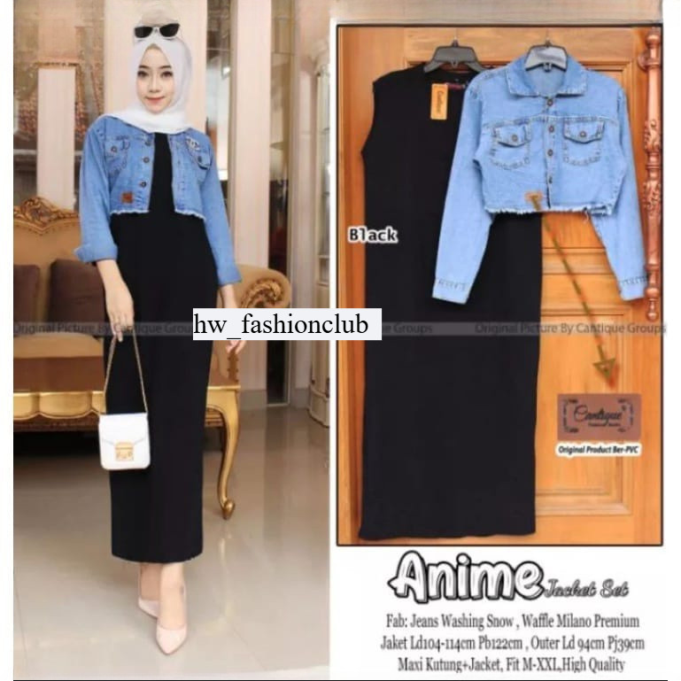 HW OOTD Wanita Terkini Setelan Anime Corp Jaket Jeans Dan Inner Dress Rajut  Terlaris Kekinian hijab