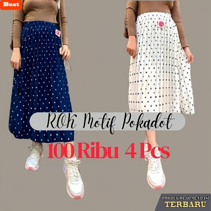 rok wanita kekinian ( 4 PCS ) ROK PLISKET 7/8 MOTIF POLKADOT Bawahan Wanita Rok Plisket Panjang Mode