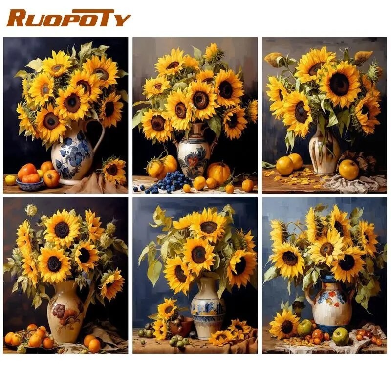 

RUOPOTY Modern Painting By Numbers Picture Drawing Sunflowers Canvas Painting Coloring By Number Home Decors Gift Artwork
