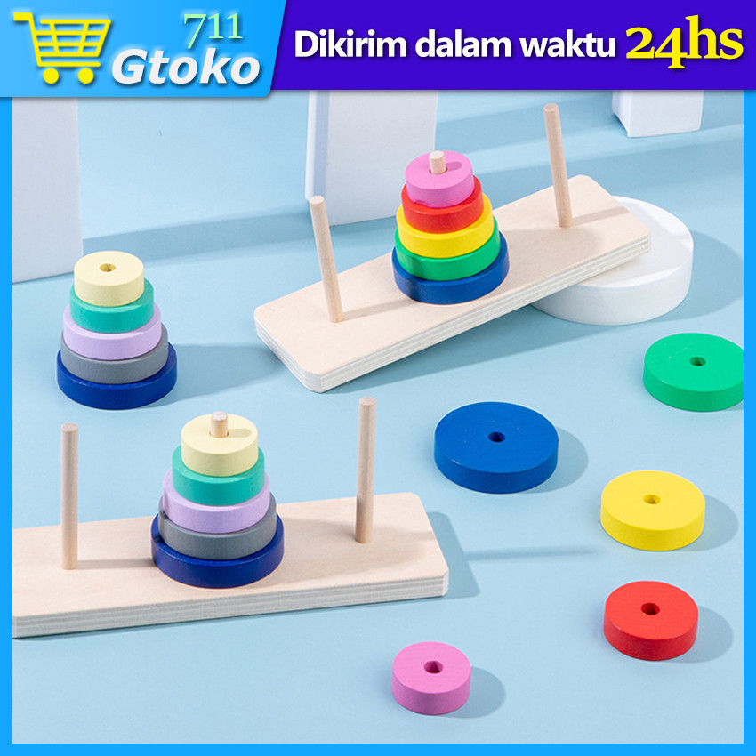 Hanoi Tower Rainbow Wooden Donat Susun Menara Kayu Mainan Edukasi Anak Menara Balok Warna Warni