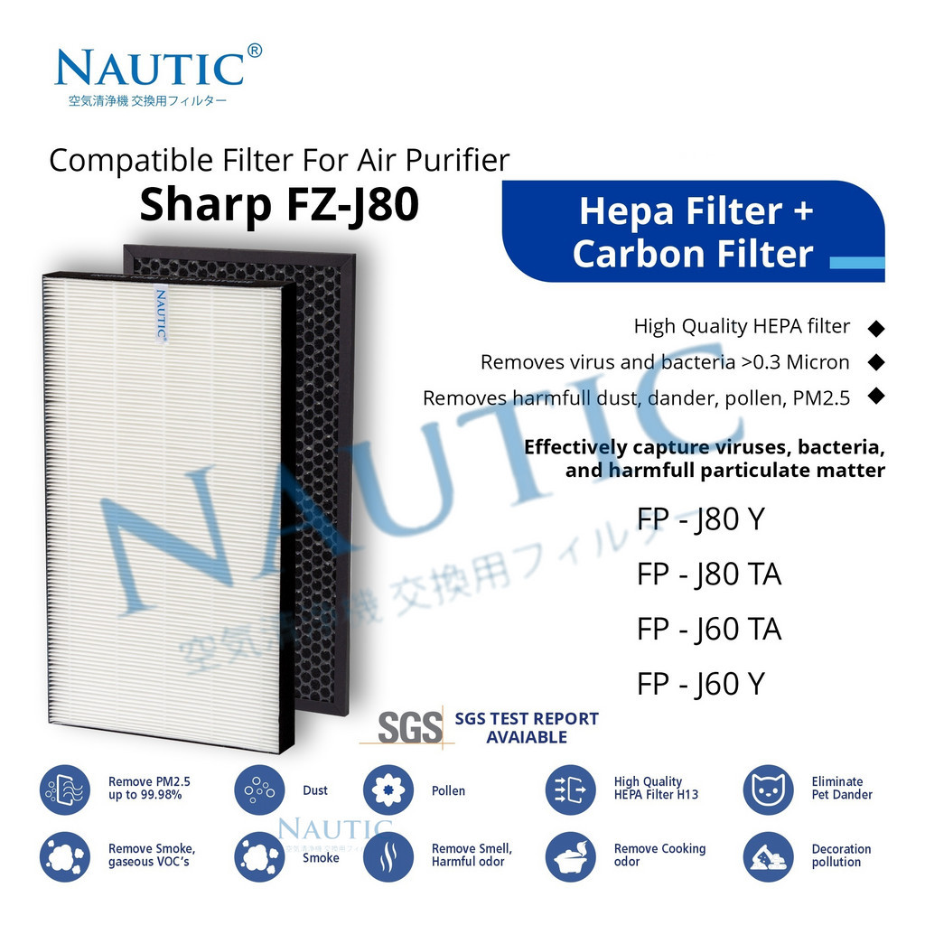 Hepa Filte SHARP FP-J80 FP-J60 Pengganti Filter untuk Air Purifier SHARP FP J60 J80 FP-J80Y  FP-J60Y  FP-J60Y-W FP-J80Y-H Replacement Filter FZ-J80HFE FZ-J80DFE