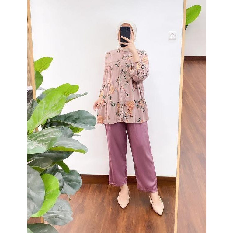 RKPERWIRA - ZSO OOTD WANITA VINA / ONESET DELLA / Set atasan Lengan Panjang Motif+Celana Panjangg Ku
