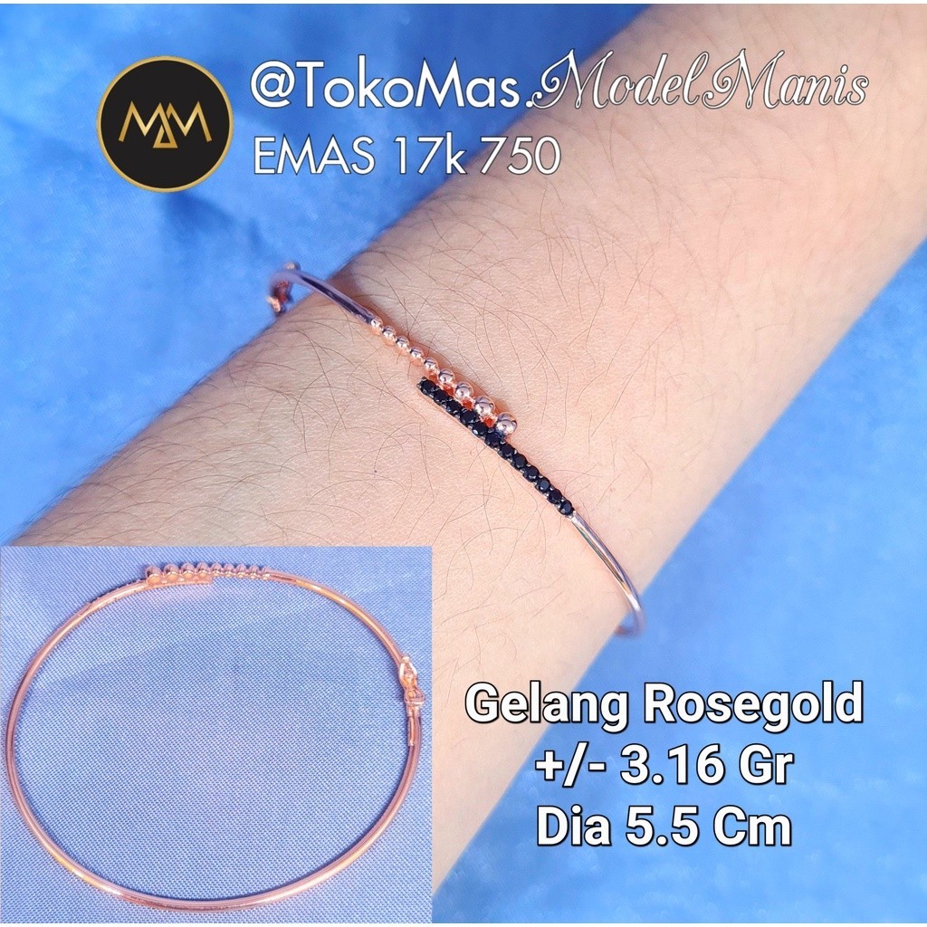 Gelang listring hitam variasi emas rosegold 750 kadar 17k