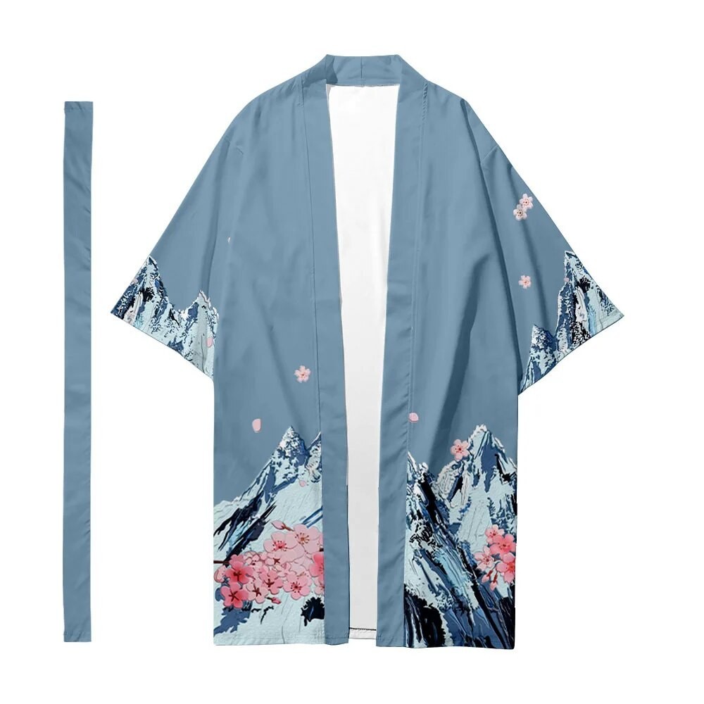 Baju Kardigan Kimono Panjang Jepang Pria Kostum Samurai Pria Kimono Pola Gunung Salju Kemeja Kimono 
