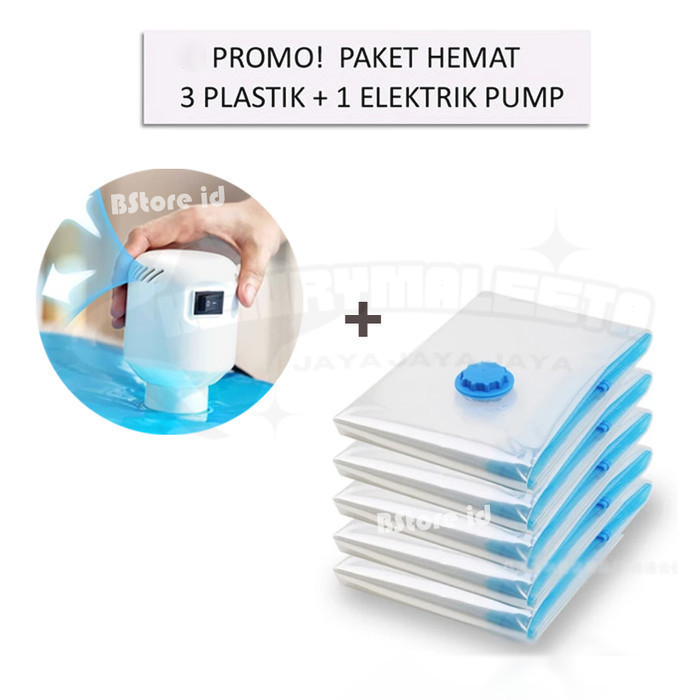 PAKET 3 PCS PLASTIK VACUM BAJU VAKUM BAG PAKAIAN TRAVEL POMPA ELEKTRIK - 30x40cm