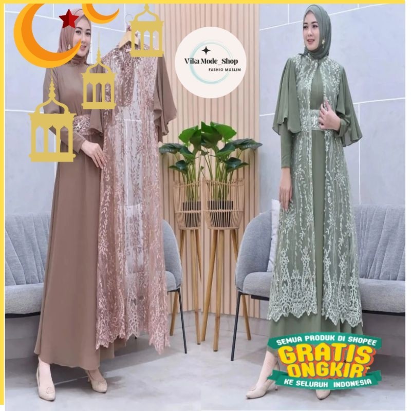 Gamis Outer Brukat Bisa Dilepas Clarisa Dress Kondangan Iner + Oter Premium Gamis Pesta Brukat Jumbo