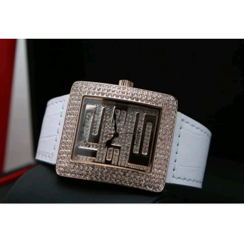 PREMIUM - Jam tangan wanita FM-FS Square full diamond tanam dial angka strap kulit croco premium - F