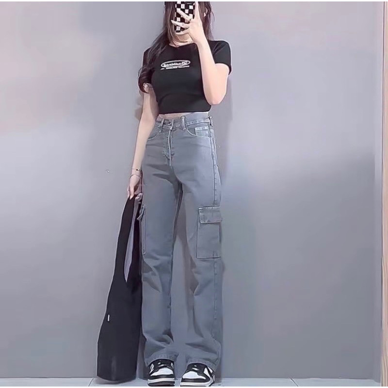 Celana Cargo Jeans Highwaist Wanita Fashion Style korean