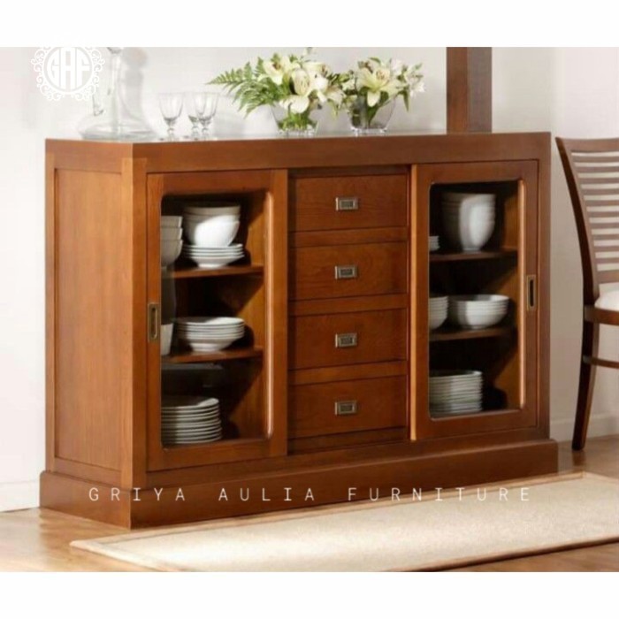 Rak piring modern kayu jati pintu sleding bufet piring terbaru