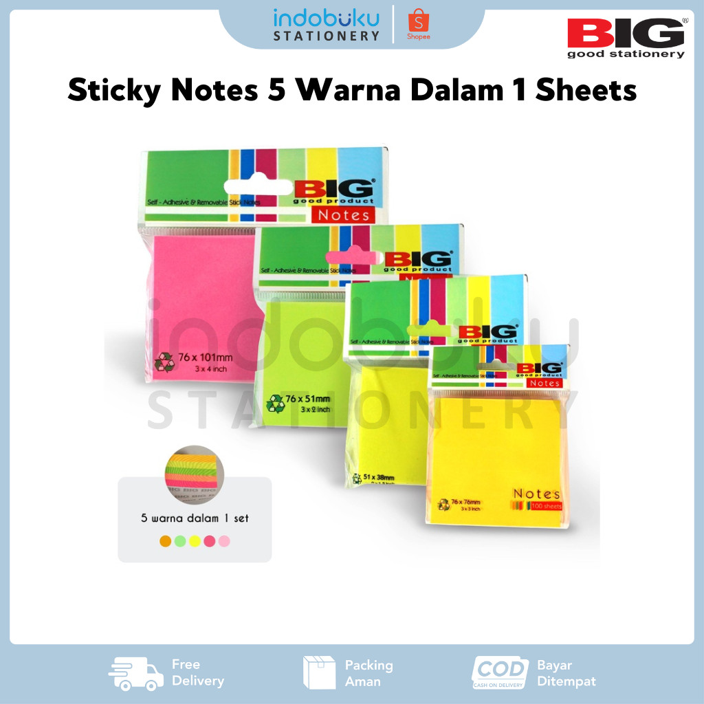 

Sticky Notes Warna BIG/ Note Kertas BIG 5 Warna Dalam 1 Sheets
