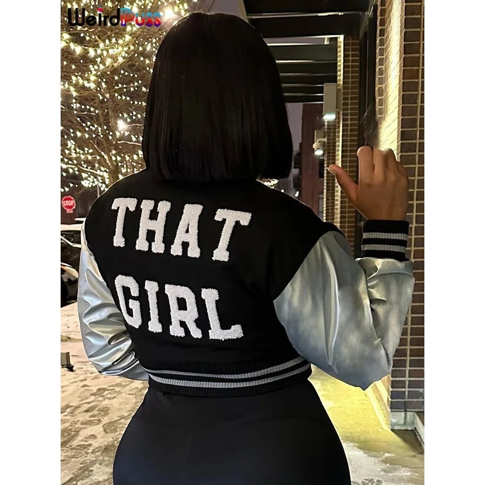Weird Puss Fluffy Letter Short Jacket Varsity Women Hipster Leather Sleeve Patchwork Y2K Baseball Ca