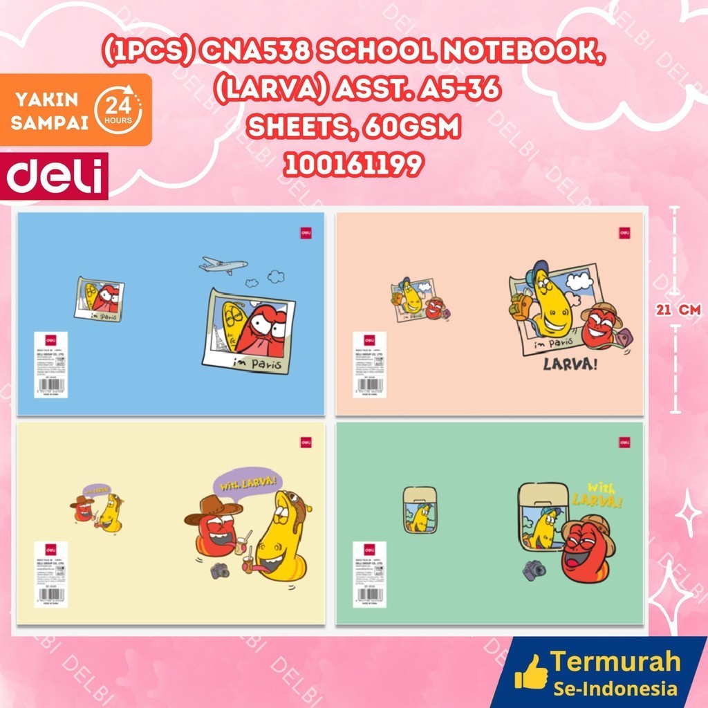 

Deli Writing Book / Notebook / Buku Tulis Sekolah A5/B5 38/42/58 Lembar CNA538 CNA558 CNB542 (1PCS) CNA538 SCHOOL NOTEBOOK (LARVA) ASST. A5-36 SHEETS, 60GSM