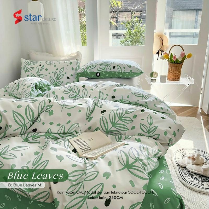 Sprei anti geser katun star motif BLUE LEAVES kombinasi hijau dan putih