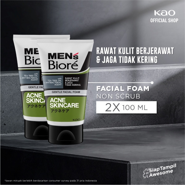 Men's Biore Non Scrub Sabun Muka Pria Untuk Kulit Berjerawat Acne Skincare Tea Tree Oil 100 gr - Fac