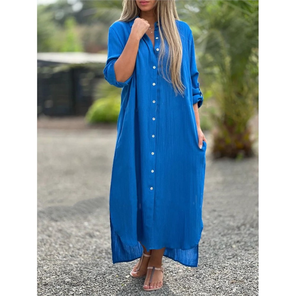 Autumn Women's New Dress Cotton Linen Shirt Long Skirt Fashionable Single Breasted Casual Long Sleev