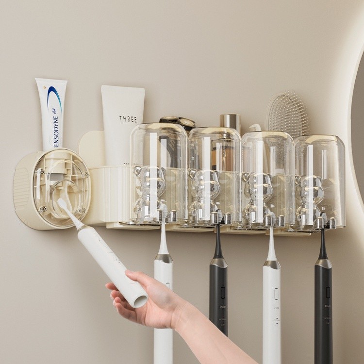 Tiang Gantung Gelas Sikat Gigi Beruang Tanpa Bor, Alat Pemeras Pasta Gigi Otomatis