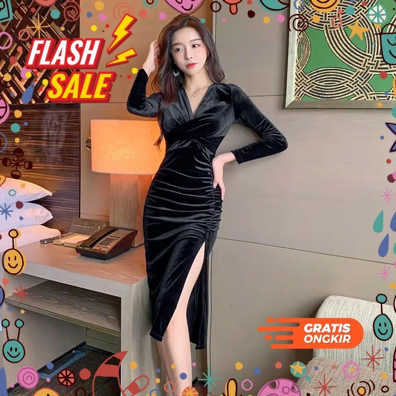 MEGASALE / Viona Dress Natal Bludru / Dress Korea Long Dress Bludru Velvet Korean Fashion