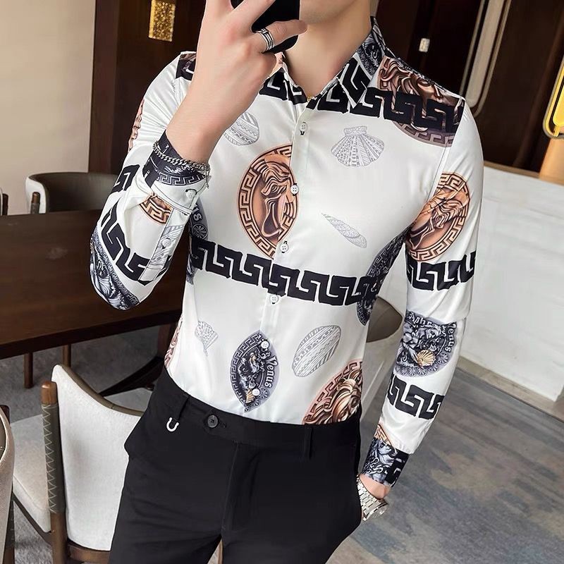 Spring men's floral shirt long sleeved Korean fashion printed shirt men's inch shirt