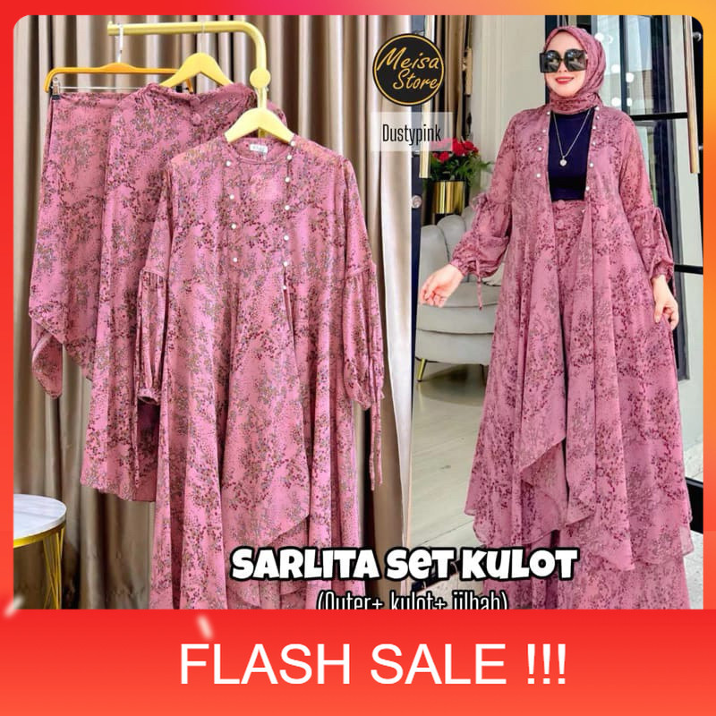 PROMO SARLITA SET KULOT KALONG 3 IN 1 (outher+kulot+hijab) SETELAN CELANA KALONG, OOTD WANITA KEKINI