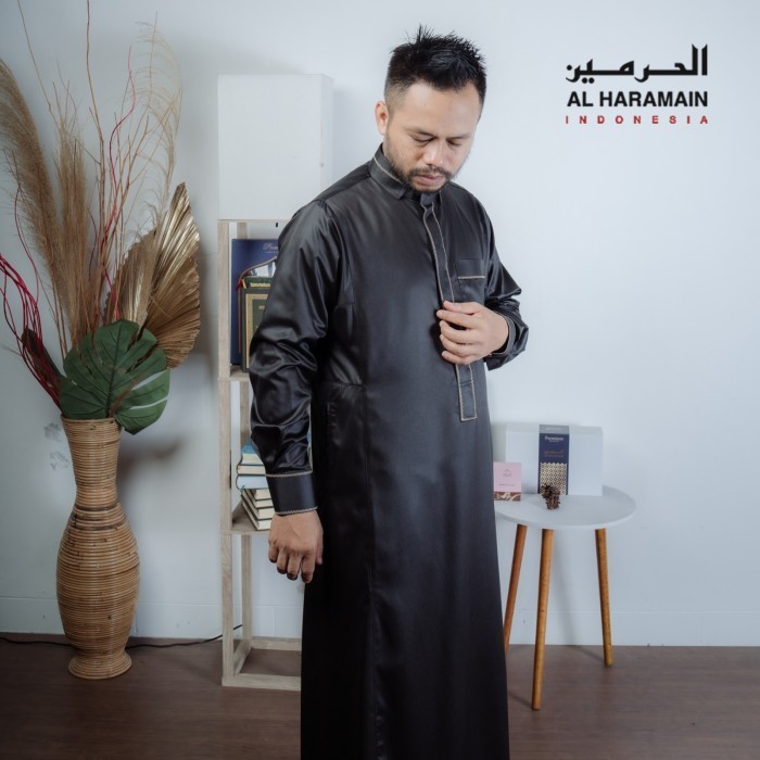 Gamis/ Jubah Pria Haramain + Jubah AlHaramain  Manset 26A Hitam - Hitam, Remaja