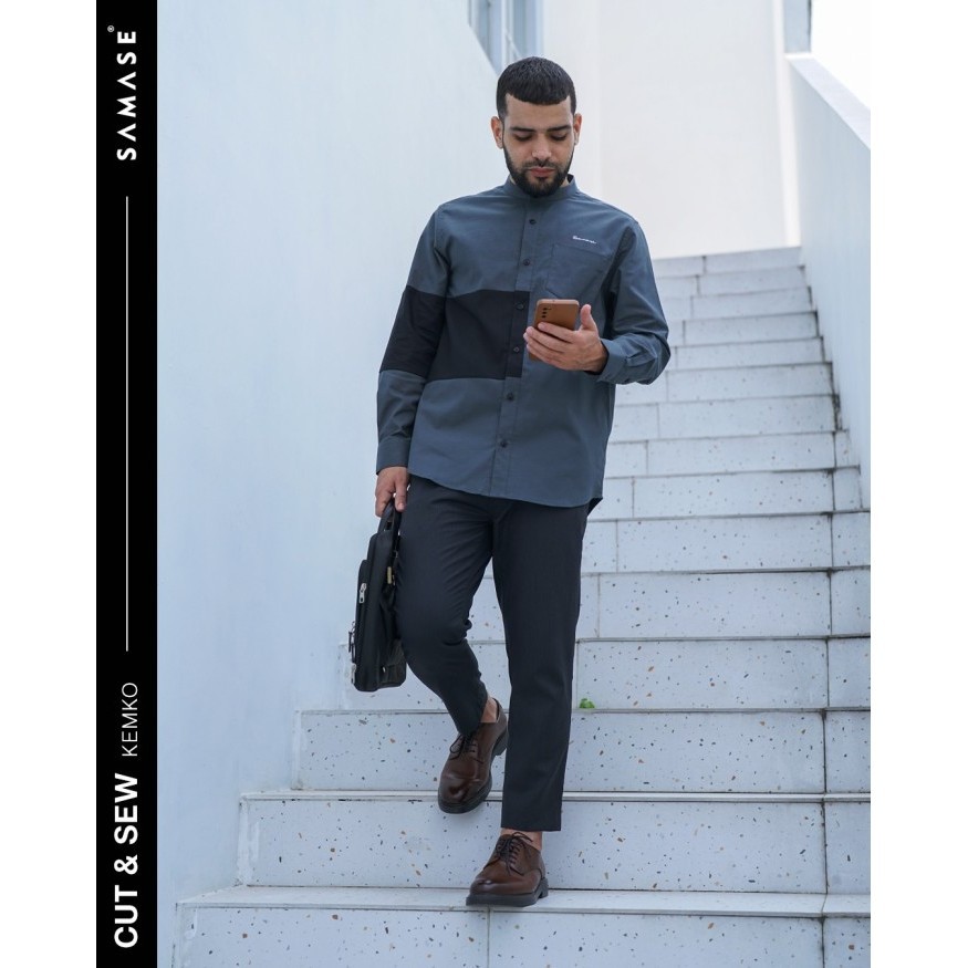 SAMASE Kemko Cut & Sew R087P Kemeja koko Pakaian Pria Lengan Panjang - Sage Green, XL