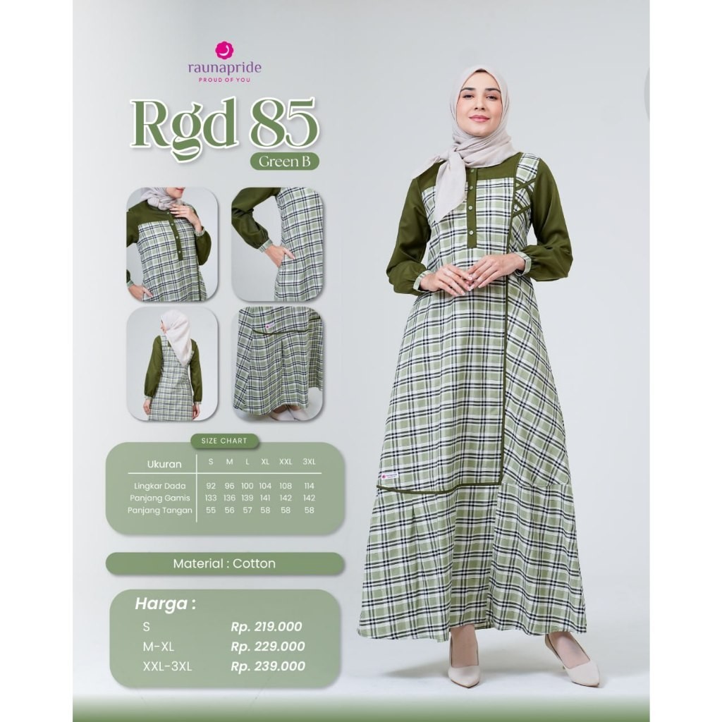 Gamis Wanita Rauna RGD 85 -Green Brown Dusty / Fashion Muslim Terbaru