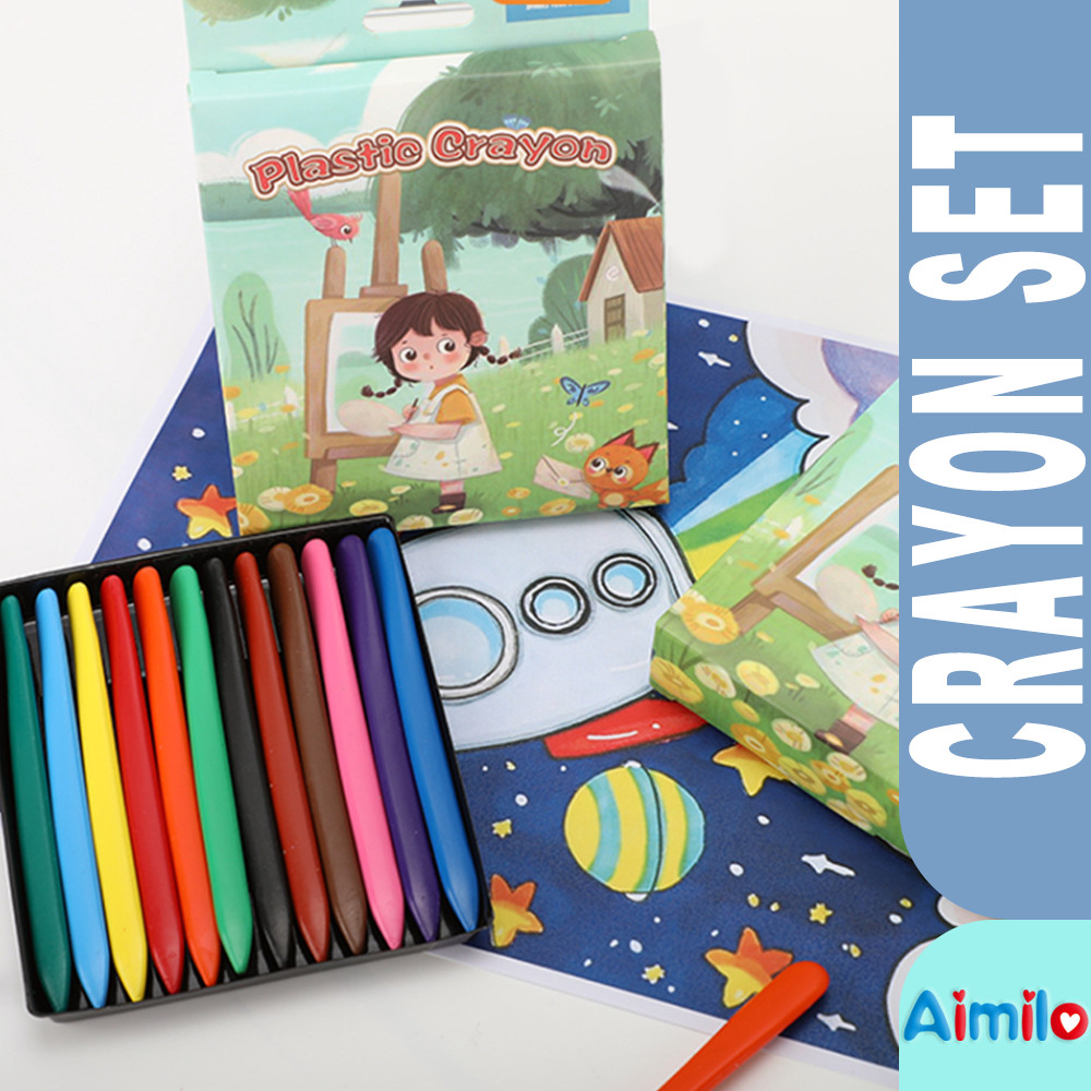 

Aimilo Crayon Set Krayon Plastik 12/24 Warna Cerah Bentuk Segitiga Ergonomis Tidak Beracun