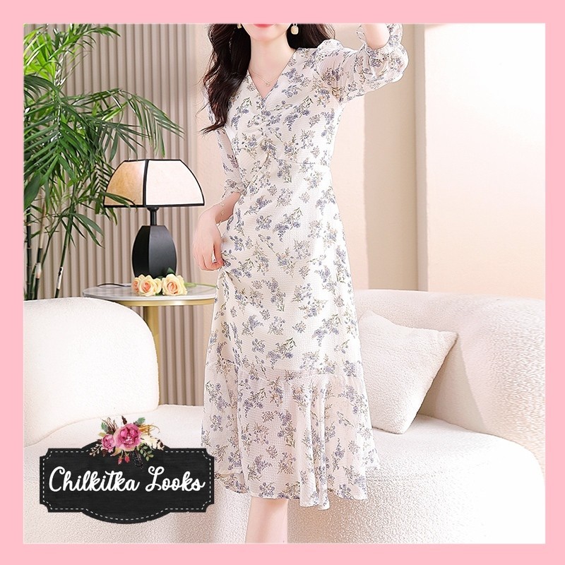 CHILKITKA LOOKS FASHION Gaun V-neck modis baru/gaun ramping lengan panjang sifon/korea dress