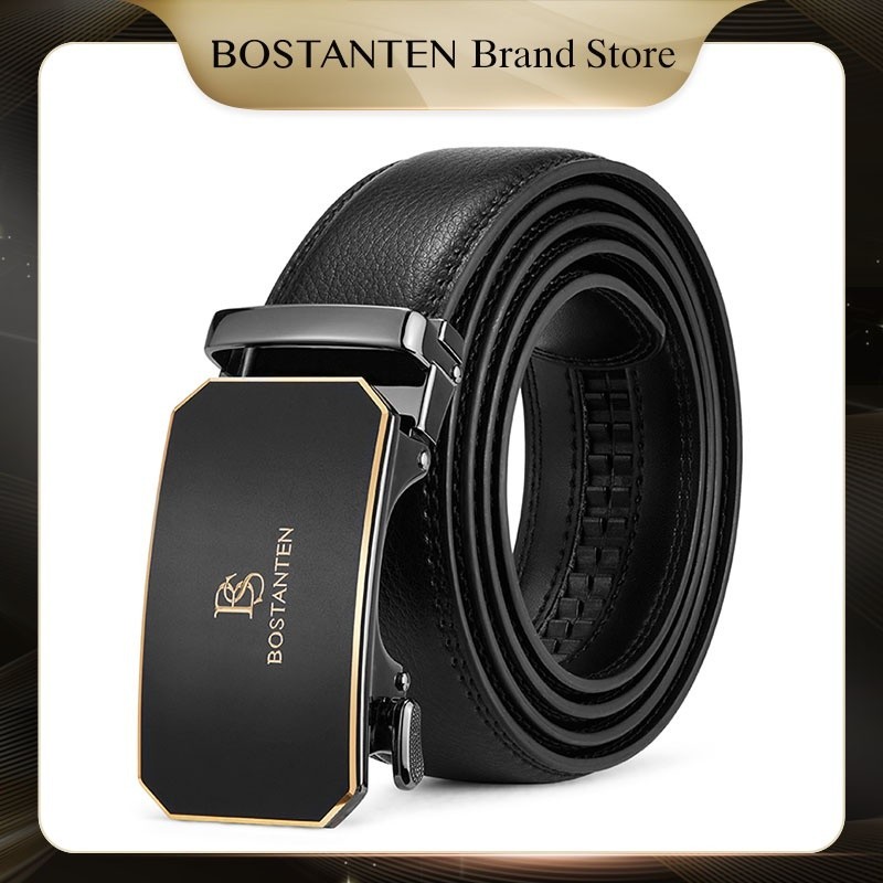 BOSTANTEN Sabuk Pria Ikat Pinggang Black Gold Gesper Otomatis Dapat Disesuaikan Kulit Sapi Asli