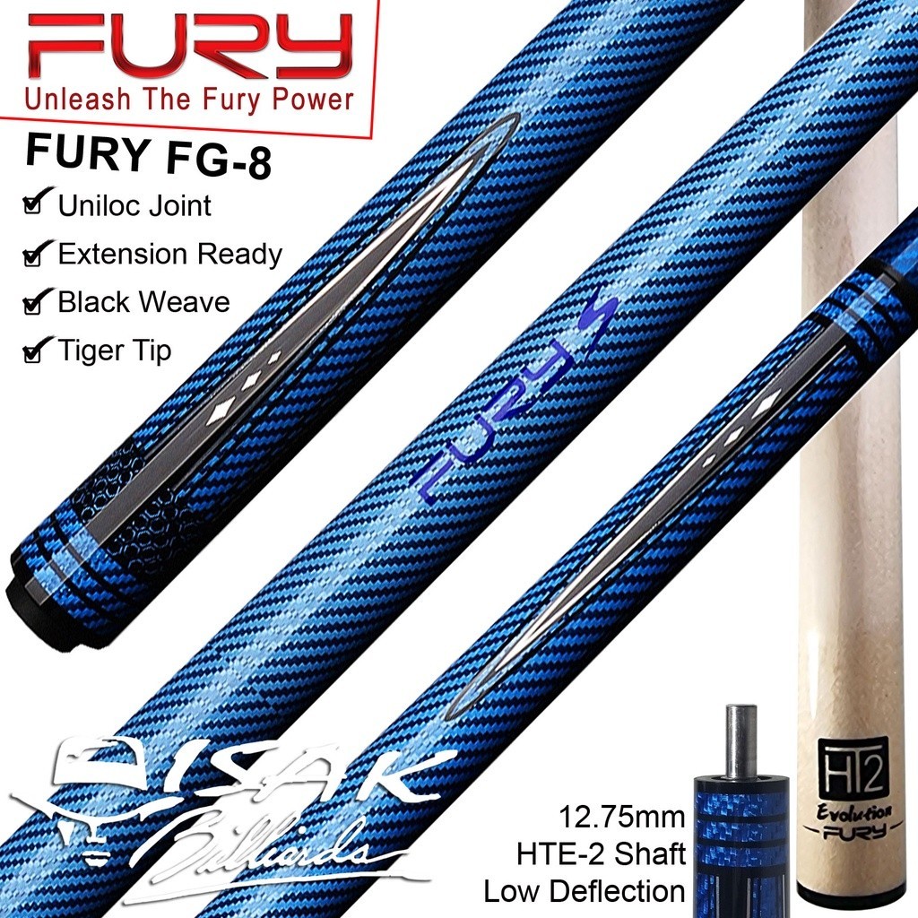 Fury FG08 Blue Cue - Uniloc Joint - Billiard Stick Biliar Low Deflection FG