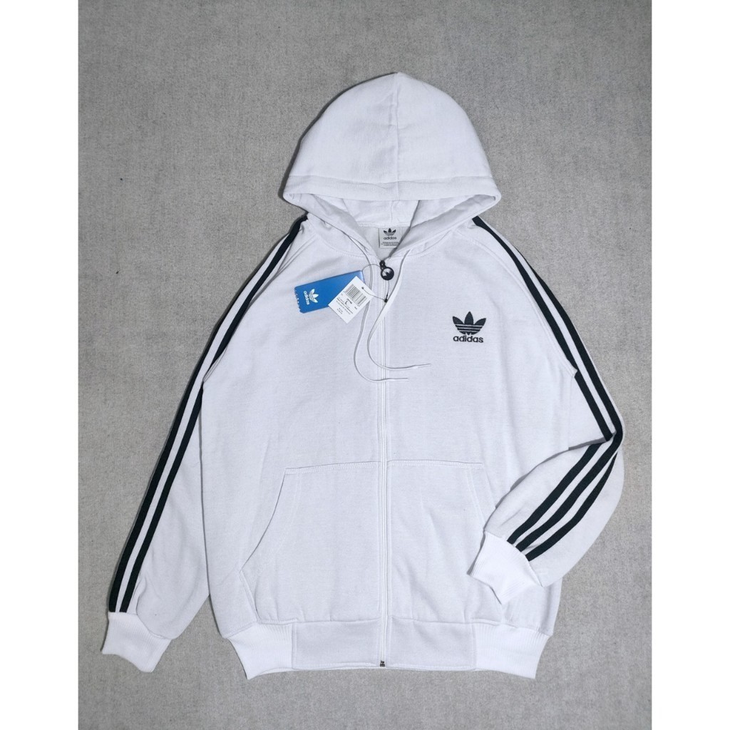 JAKET HOODIE ZIPPER ADIDAS SMALL TREFOIL BLACK ON WHITE