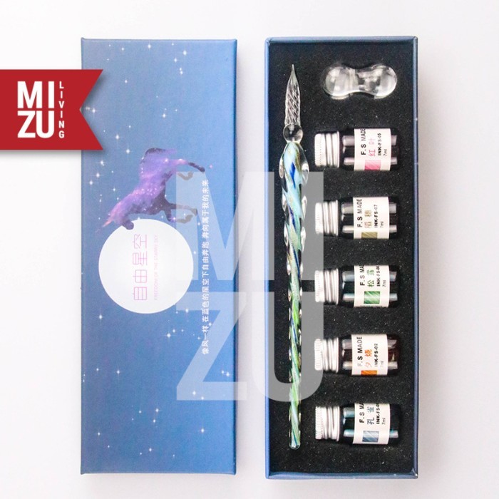 

[TERLARIS] MIZU PENNA VETRO VI GLASS Dip Pen Kaca Calligraphy Set 5 Gold INK - BLUE GOLD