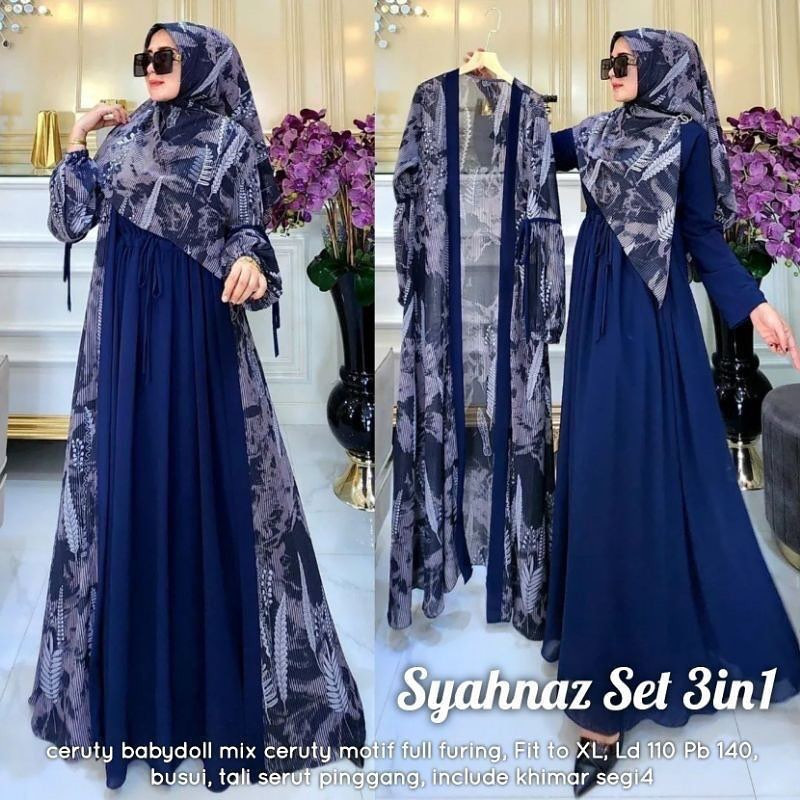 Syahnaz Set 3in1 Syari Mewah Gamis Terbaru 2023 Lebaran Wanita Setelan Dress + Outer & Kerudung Baha