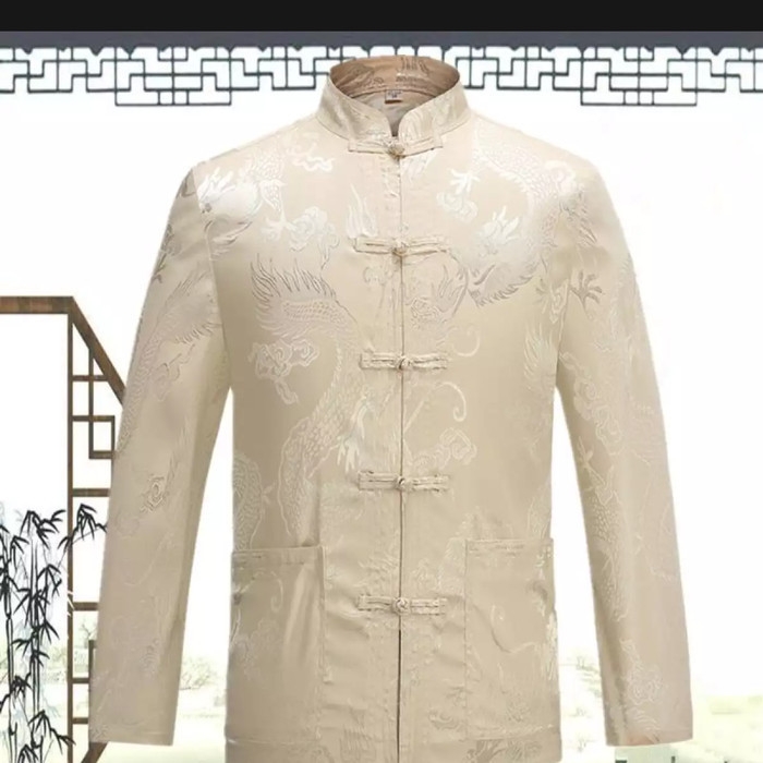 promo ✨ -Cheongsam /Kemeja lengan panjang Pria Motif Naga - Cream, S