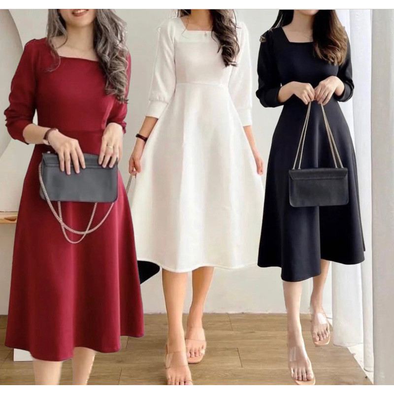 AURA KOREAN DRESS || Dress Korea Square Neck || Dress Pesta Lengan Panjang || Dress Kondangan Formal