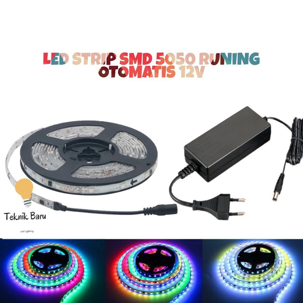 LED STRIP RUNING SMD RGB 5050 RGB IC PINTAR 5M ADAPTOR 12V - Berjalan Otomatis Hias Meja Gaming