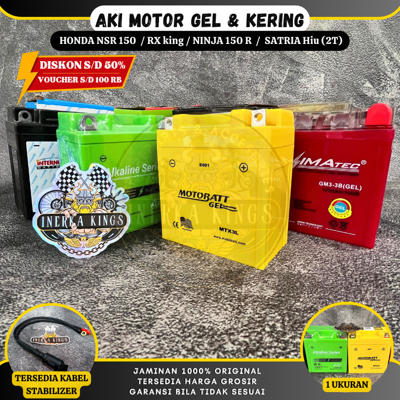 AKI ACCU MOTOR ALL BRAND Gell & aki Kering RX King Ninja Satria ORIGINAL Motobatt Alkaline Azimatec 