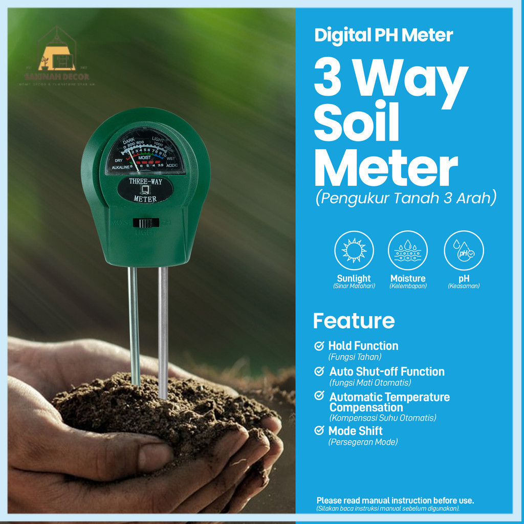 PH Meter – Alat Ukur PH Kelembapan dan Cahaya Tanah 3 in 1 Soil Meter Moist Light PH Moisture Analyzer