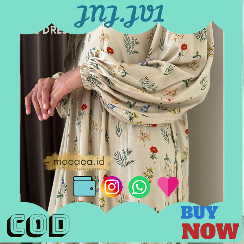 5.5 BIG SALE Hazel Dress Cream Flower Gamis Rayon Motif Premium Lengan Balon Babydoll 3 Susun ada ta