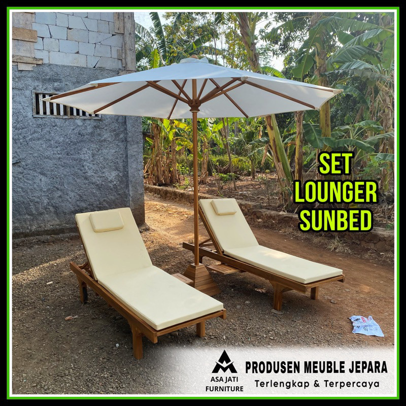 Set Payung Kursi Lounger Sun Bed Pantai Kolam Renang Material Kayu Jati