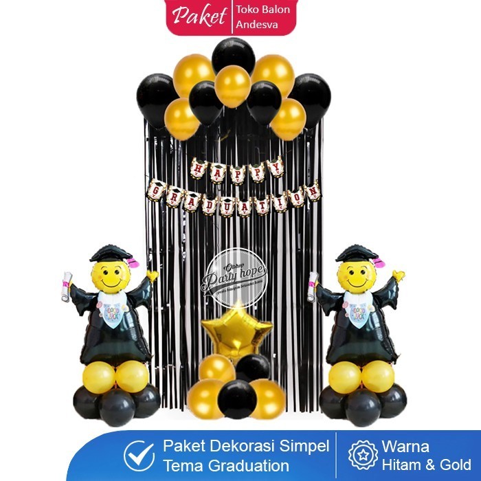 paket dekorasi graduation hitam gold / set balon dekorasi wisuda happy graduation / balon congrats